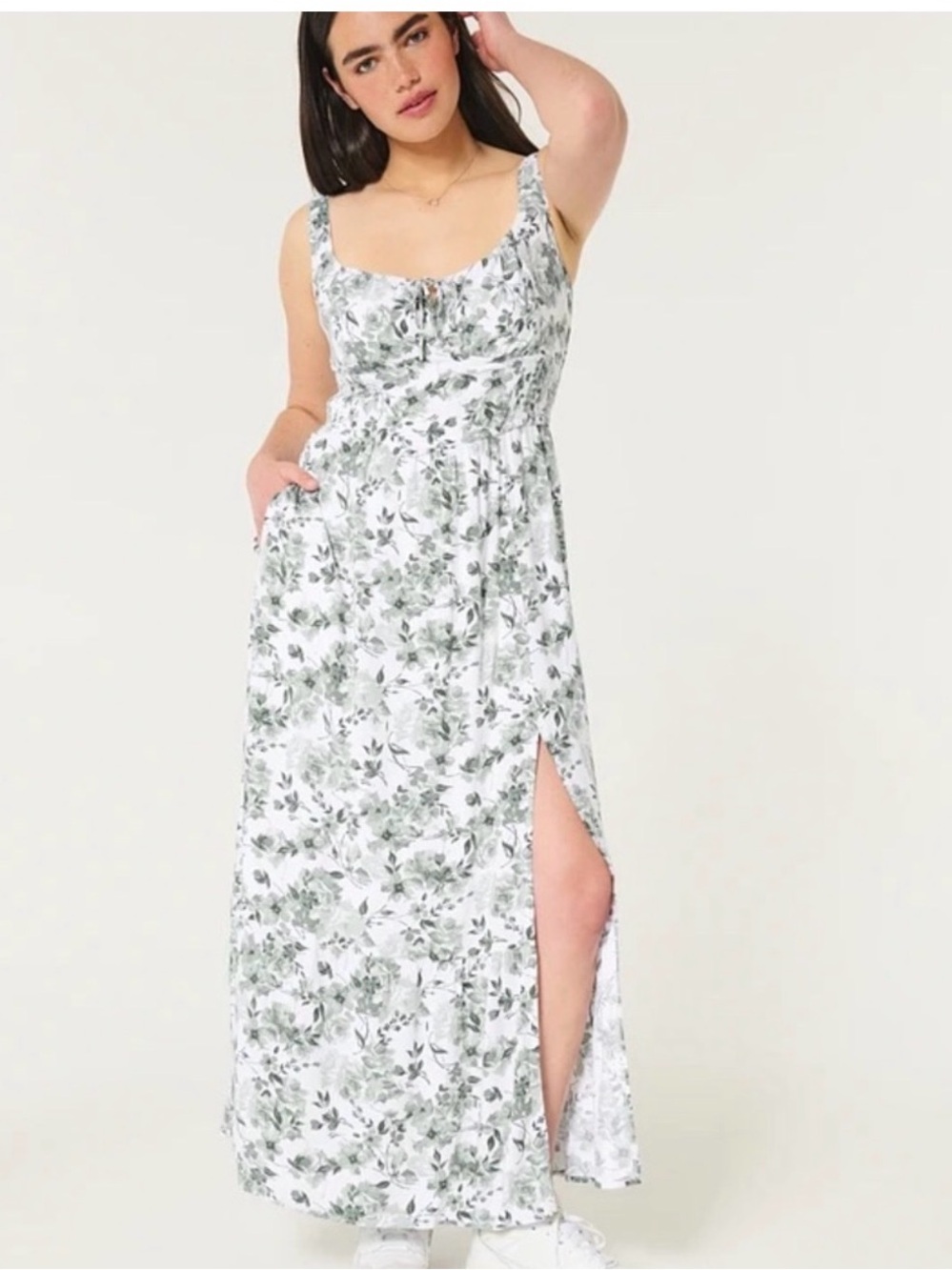 Hollister Scoop Neck Maxi Dress in White and Sage